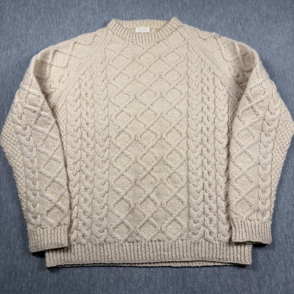 VTG Sweater Mens Cream Irish Cable Knit Pure Wool Heavyweight Pullover Top 90s